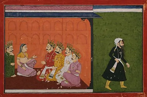 Ashvatthama departs after surrendering to Draupadi and the Pandavas, 18th century Pahari miniature