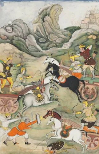 A folio from the Razmnama (Persian translation of the Mahabharata) depicting a battle between Dhrishtadyumna and Ashvatthama