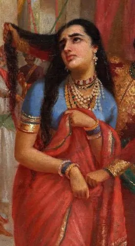 Depiction of Draupadi in the Kuru court by Raja Ravi Varma, c. 1888-90