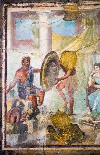 Thetis at Hephaestus's forge waiting to receive Achilles's new weapons. Fresco from Pompeii