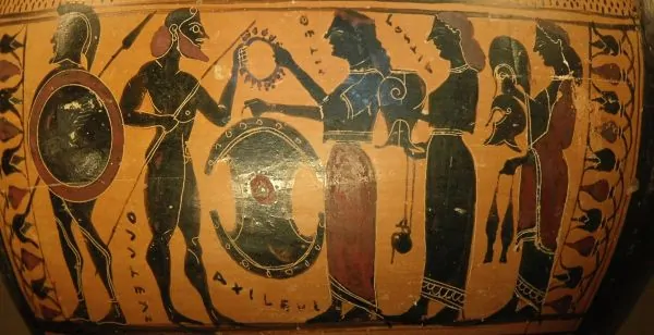 Thetis and attendants bring armor she had prepared for him to Achilles, an Attic black-figure hydria, c. 575–550 BCE