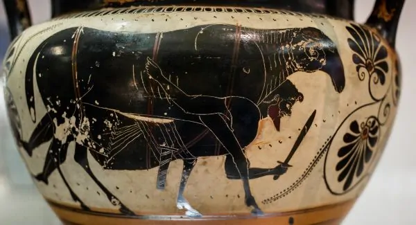 Odysseus escaping beneath the belly of a sheep in Homer's Odyssey