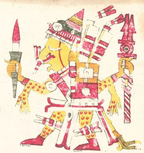 Xipe Totec, carrying a bloody tecpatl, from the Codex Borgia