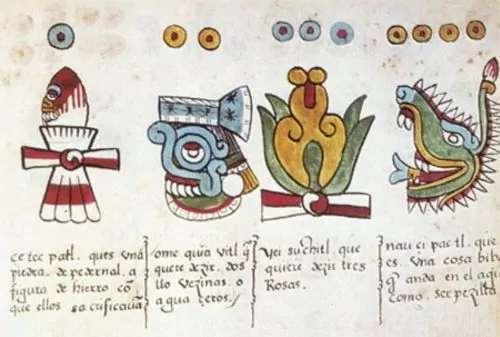 Page 11 reverse from Codex Magliabechiano, showing four day-symbols of the tonalpohualli