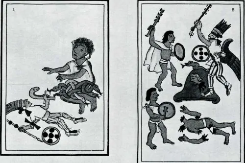 Huītzilōpōchtli springs from Coatlicue's womb fully armed and defends himself and his mother against Coyolxāuhqui