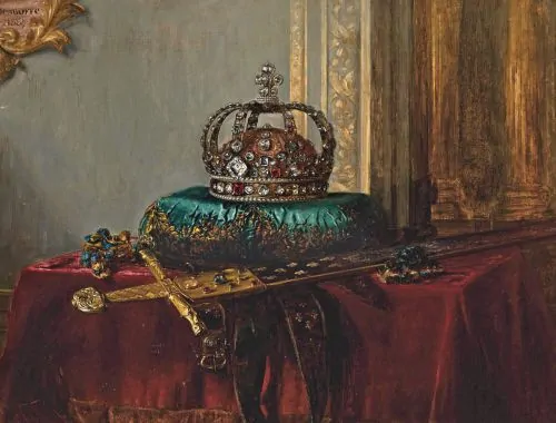 Painting depicting the crown of Louis XV and the Joyeuse sword, also known as Charlemagne's sword