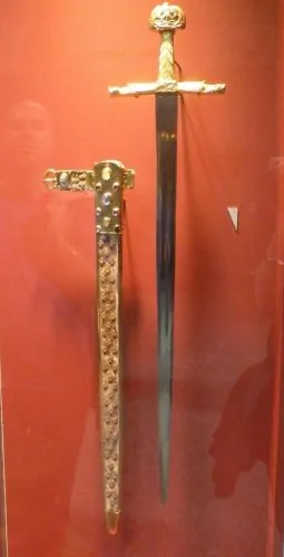 Joyeuse exhibited with its 13th century sheath at the Musée de Cluny in 2012