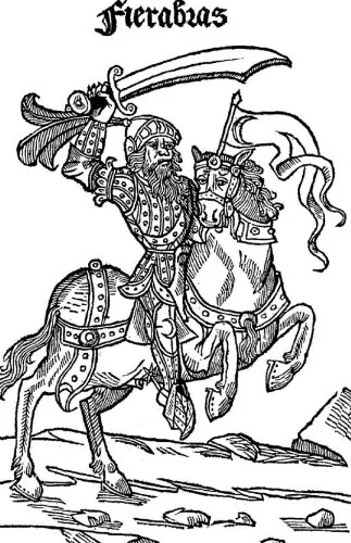 The giant Fierabras. Engraving from the 1497 edition of Jehan Bagnyon's Roman de Fierabras le Géant (P. Maréchal et B. Chaussard, Lyon)