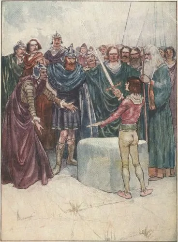 The young Arthur draws the sword from the stone in Henrietta Elizabeth Marshall's Our Island Story (1906)