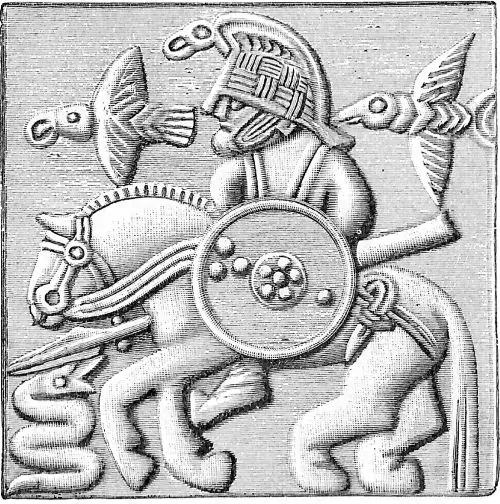 Vendel Period helmet plate depicting a cavalryman with a spear/lance followed by two ravens