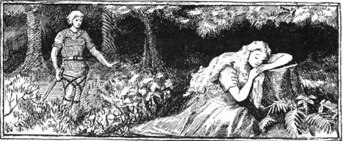 Sif sleeps while Loki lurks behind in an illustration (1894) by A. Chase