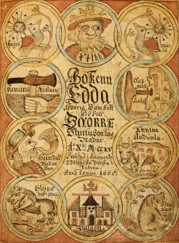 An illustrated title page of a manuscript from 1764 containing the Prose Edda