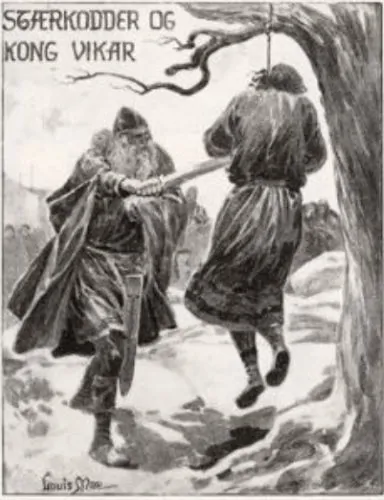 The murder of King Víkarr by Starkad, drawn for an 1898 publication of the Gesta Danorum