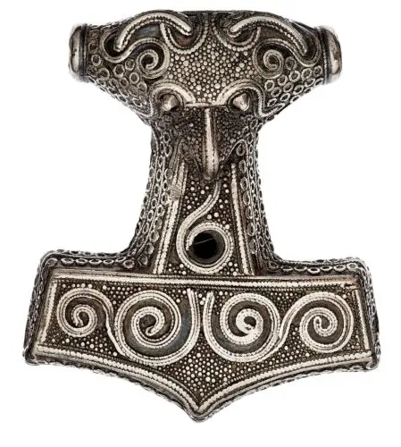 A silver-gilded Thor's hammer found in Scania, Sweden, that once belonged to the collection of Baron Claes Kurck