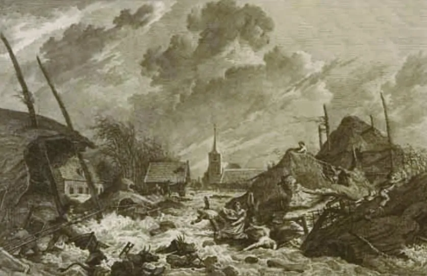 The collapse of houses, dying of people and animals at Erichem, by the flood in 1809 (Netherlands)