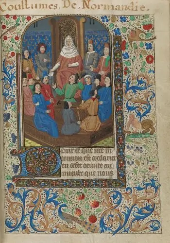 Medieval jury depicted in Grand Coutumier de Normandie [Customary Law of Normandy]. Illustrated manuscript on vellum, ca. 1450–1470