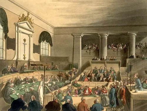 A trial at the Old Bailey in London as drawn by Thomas Rowlandson and Augustus Pugin for Microcosm of London