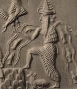 Detail of Enki (Ea) from the Adda Seal, an ancient Akkadian cylinder seal dating to circa 2,300 BCE