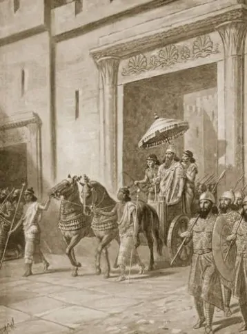 The Recognition of Esarhaddon as King in Nineveh, illustration by A. C. Weatherstone for Hutchinson's History of the Nations (1915)