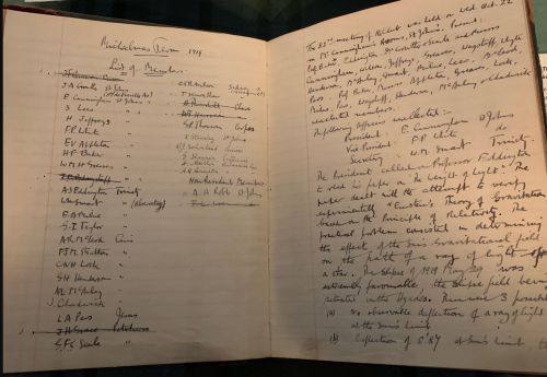 The minute book of Cambridge ∇2V Club for the meeting where Eddington presented his observations of the curvature of light around the Sun, confirming Einstein's theory of general relativity