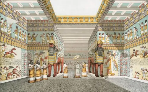 Artist's impression of a hall in an Assyrian palace from The Monuments of Nineveh by Austen Henry Layard, 1853