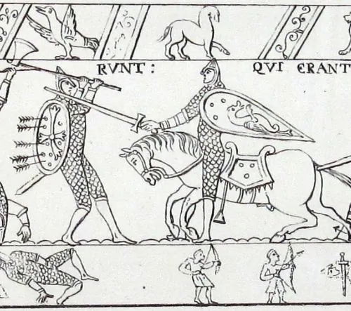 The Bayeux Tapestry depicts an English housecarl wielding a Dane axe with two hands