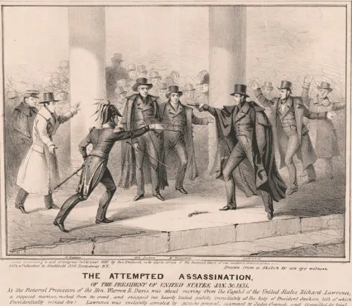 A History the Secret Service and American Executive Protection 4 Etching of the assassination attempt of Andrew Jackson by Richard Lawrence