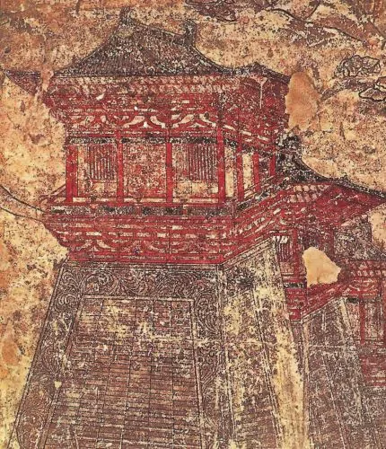 Que towers along the walls of Tang-era Chang'an, as depicted in this c. 701 mural from Li Chongrun's tomb at the Qianling Mausoleum in Shaanxi