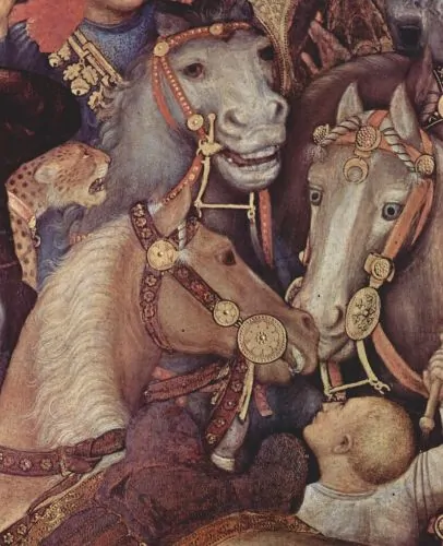 The King Who Needed to Know: Louis XI and the Making of a Medieval Information State 10 Detail from 15th-century painting by Gentile da Fabriano, showing curb bits, with ornamental bosses at the sides of the mouthpiece