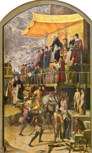 Saint Dominic anachronistically presiding over an auto de fe, by Pedro Berruguete (around 1495)