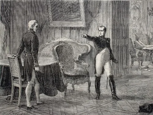 The meeting between French emperor Napoleon I and Austrian diplomat Marquess Klemens von Metternich
