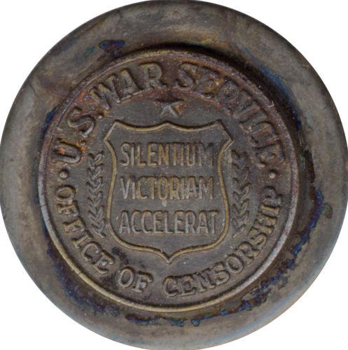 Employee pin of World War II US War Service, Office of Censorship. The words on the shield in the center read Silentium Victoriam Accelerat (Latin: "Silence Speeds Victory," the motto of the Office)