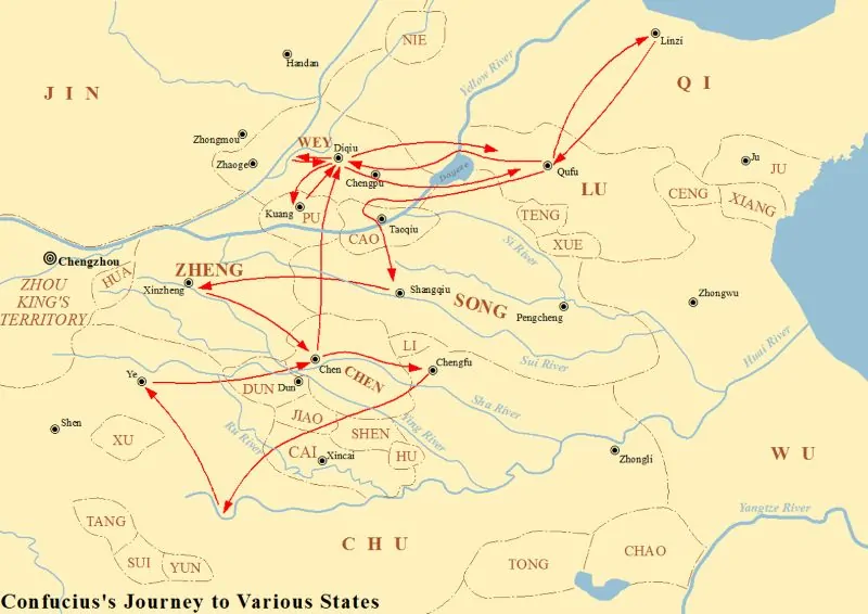 Map showing the journey of Confucius to various states between 497 BCE and 484 BCE