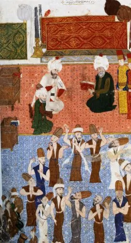 Lālā Muṣṭafa Paşa ("Mustapha Pasha") visiting the Mevlânâ ("Rumi") tomb in Konya circa 1580, with whirling dervishes