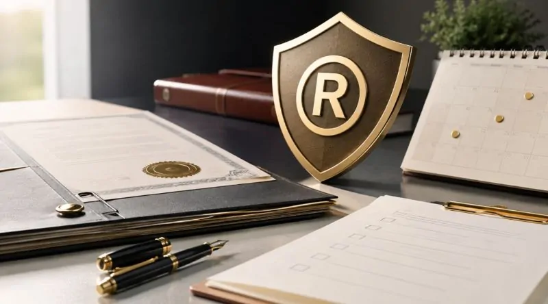 Professional legal desk with trademark registration documents, renewal calendar, checklist, and protective shield symbol representing ongoing trademark protection.