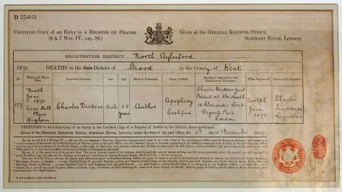 A certified copy of the death certificate of Charles Dickens