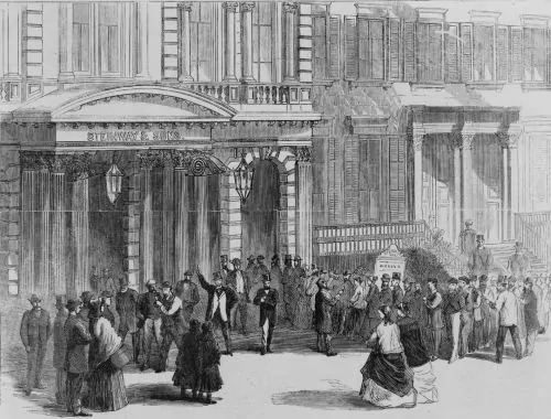 Crowd of spectators buying tickets for a Dickens reading at Steinway Hall, New York City, in 1867