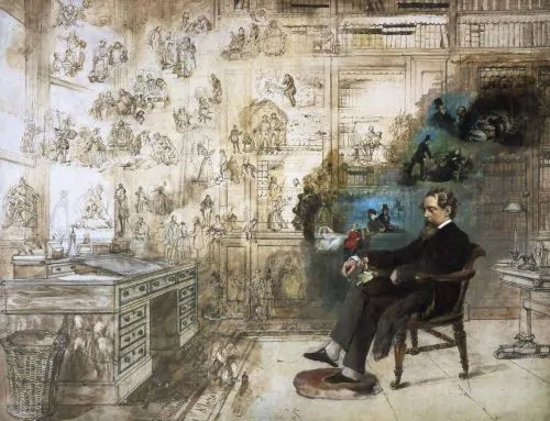 Dickens' Dream by Robert William Buss, portraying Dickens at his desk at Gads Hill surrounded by many of his characters
