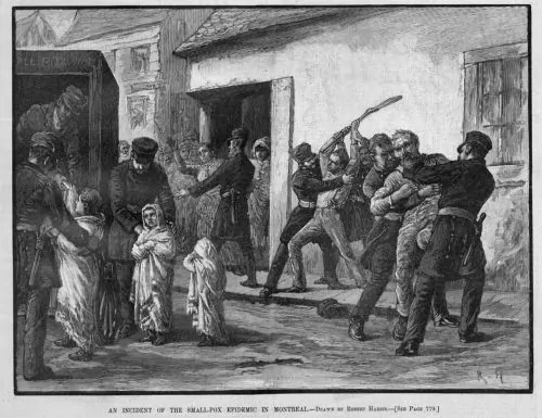 Drawing depicting the reaction to mandatory vaccination in 1885 by Robert Harris, who was then teaching in Montreal
