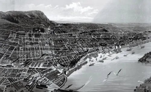 Montreal in 1888, nestled between the southern slope of the Mont Royal and the St. Lawrence River