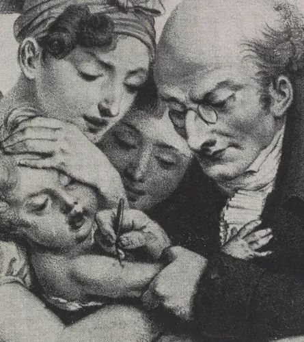 Smallpox vaccination in the early 19th century, in an engraving included in the book Os filhos de el-rei d. João VI, by Ângelo Pereira