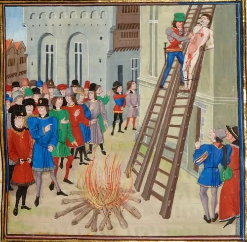 The execution of Hugh Despenser the Younger, as depicted in the Froissart of Louis of Gruuthuse, an example of being hanged, drawn, and quartered