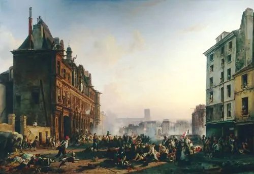 Events at the Hôtel de Ville (left) during the July Revolution. The Attack on the City Hall of Paris by Joseph Beaume