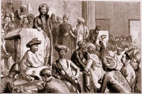 An illustration published in The Graphic on 25 January 1884 depicting a meeting in the Bombay Town Hall in support of the bill