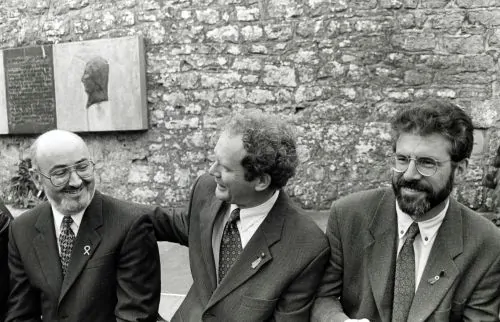 Gerry Adams with Martin McGuinness and Caoimhghín Ó Caoláin in 1997