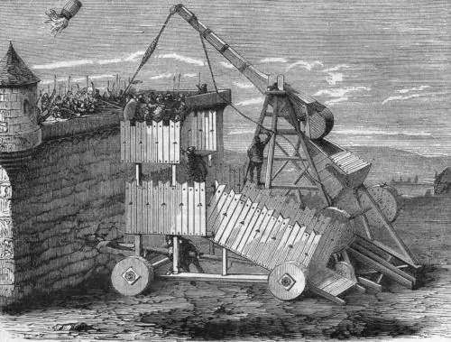 Engraving of thirteenth-century catapult for throwing Greek fire