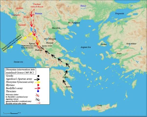 Dionysius of Syracuse's military attempts to place Alcetas in the throne of the Molossians
