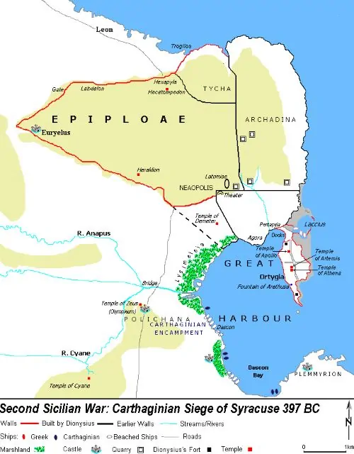 This map represents a possible scenario of the Punic siege of Syracuse 397 BCE