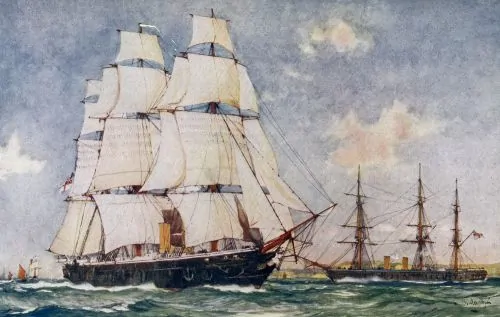 Warrior accompanied by Black Prince, by Charles Edward Dixon