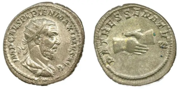 Coin bust of Pupienus, radiate, draped and cuirassed
